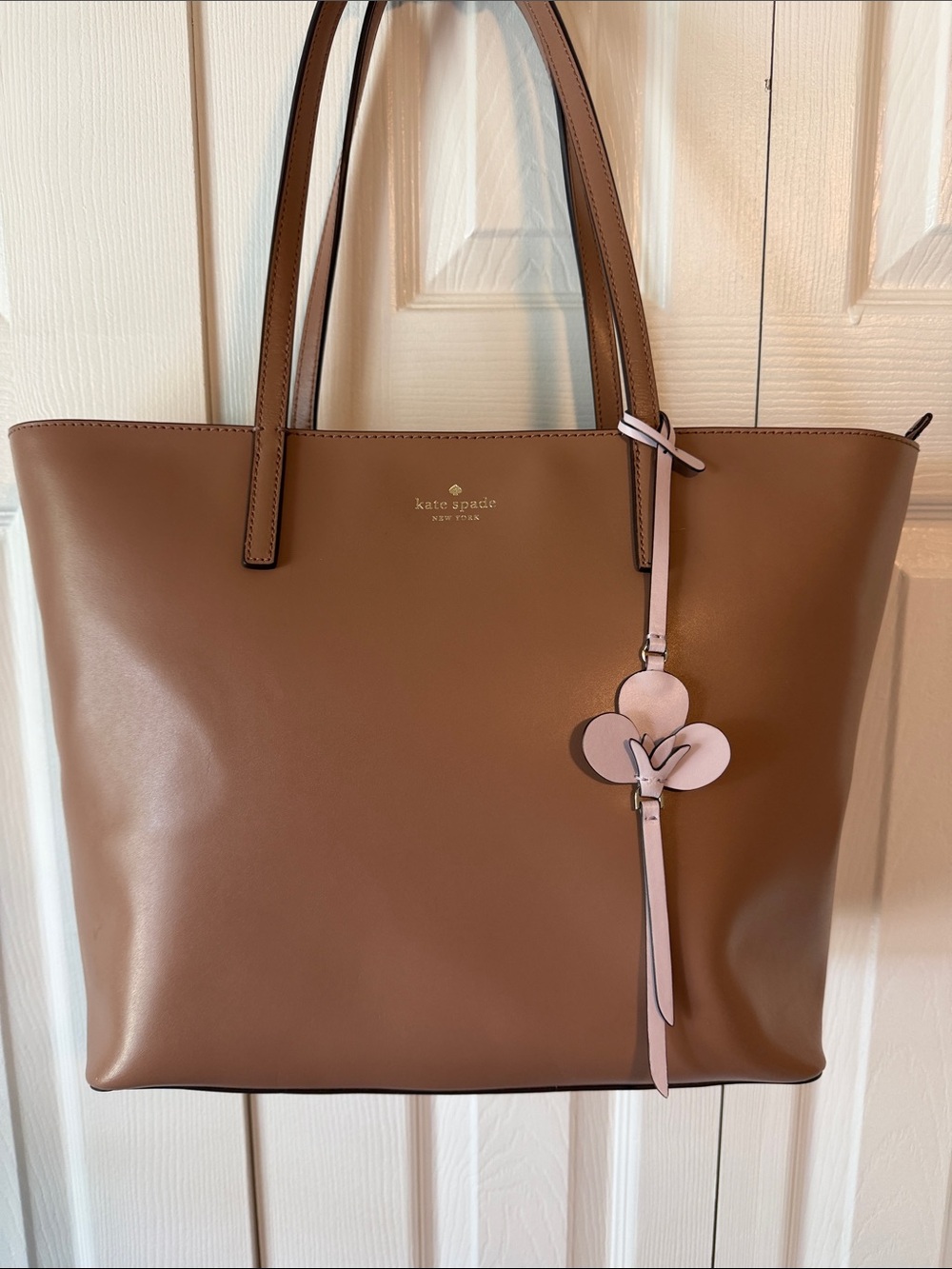kate spade Brown Leather Tote with Pale Pink Flower Charm